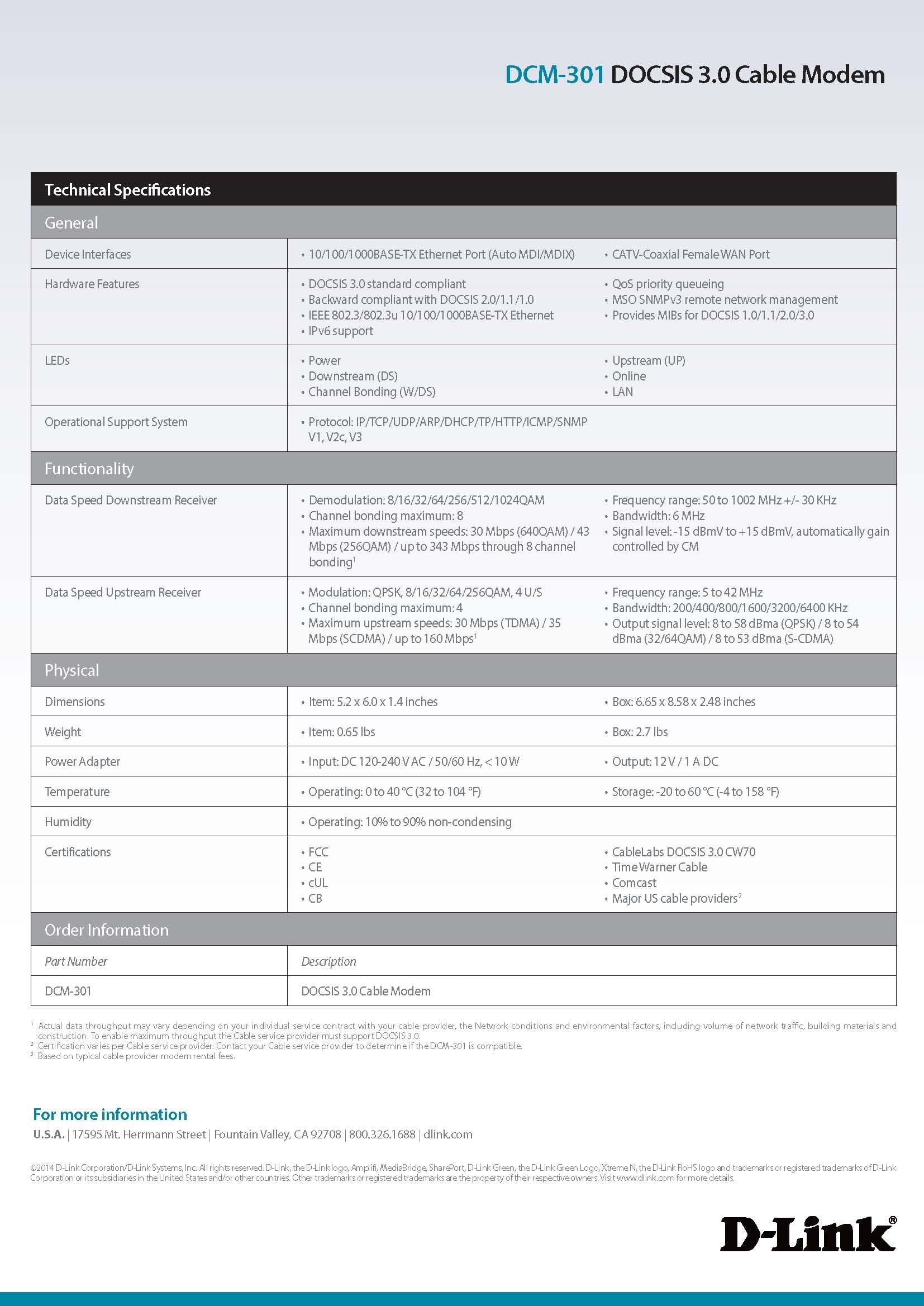 D-Link DOCSIS 3.0 Cable Modem (DCM-301) Compatible with Comcast Xfinity, Time...